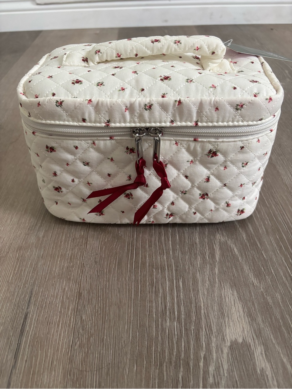 wild fable Cream Quilted Floral Travel Cosmetic Case with Red Accents
